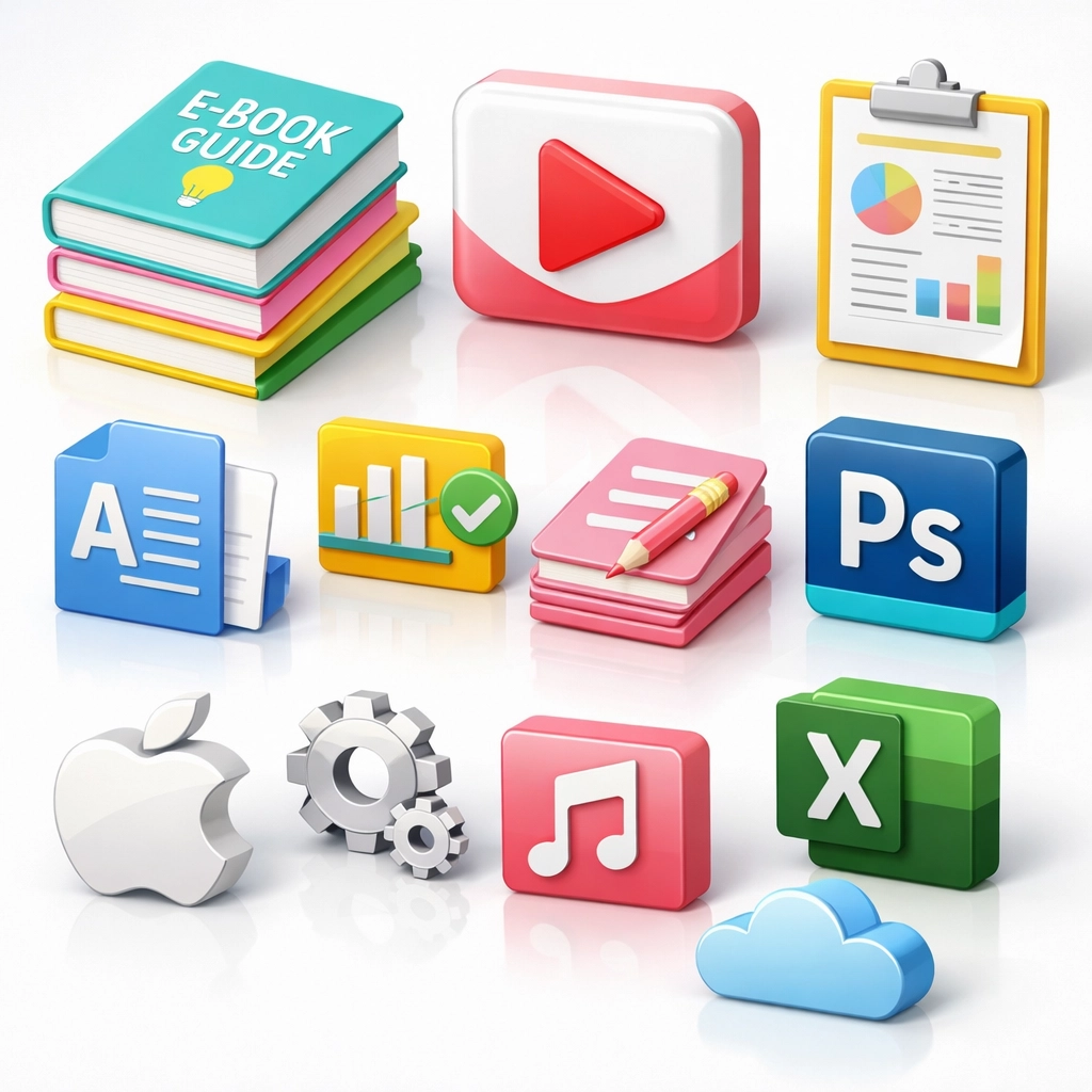 Collection of digital products with resell rights including ebooks and video courses