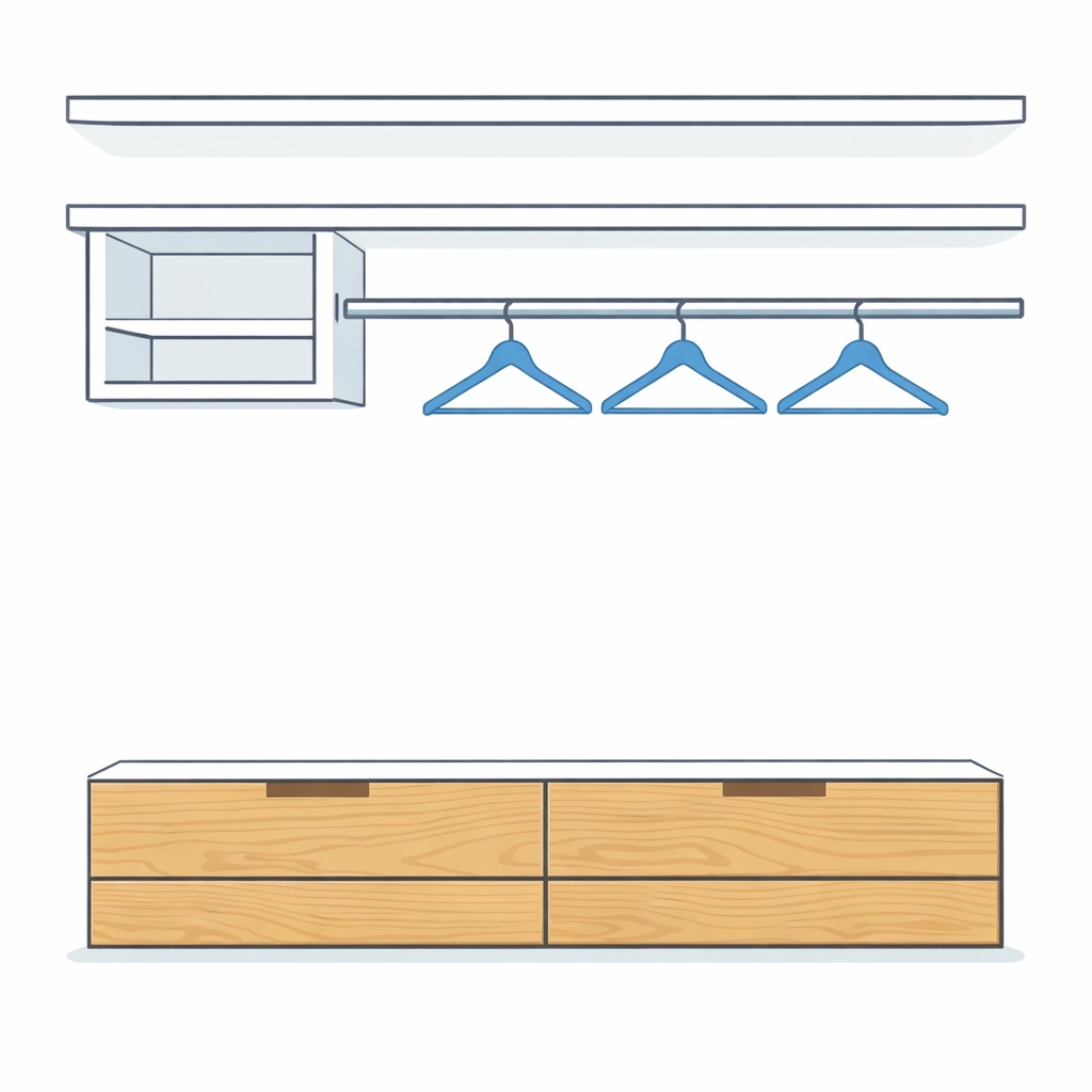 Minimalist closet organization system installed to maximize storage space in a Kitsilano suite.