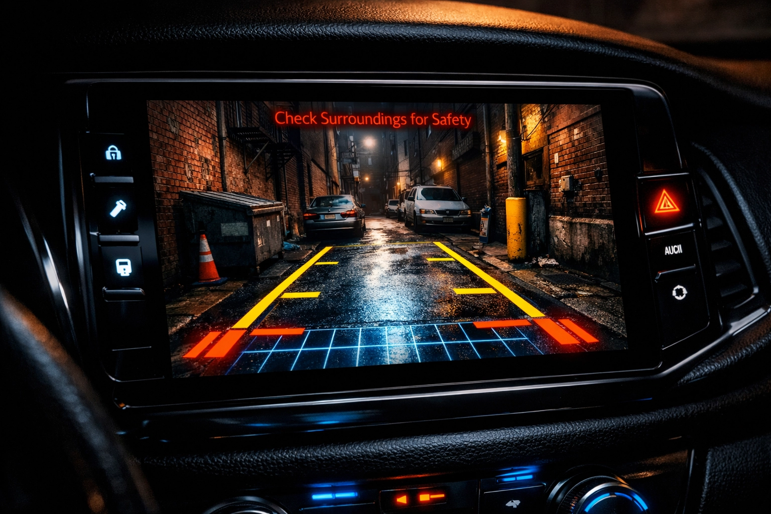 Backup camera display screen showing tight Pittsburgh parking situation with buildings and obstacles