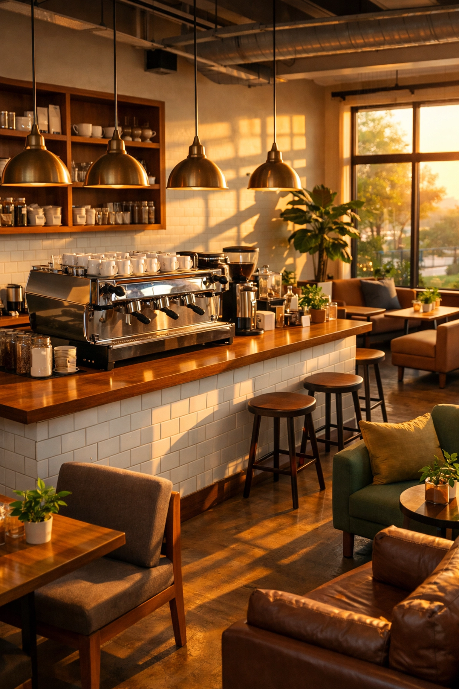 Modern coffee shop interior with espresso bar and seating area
