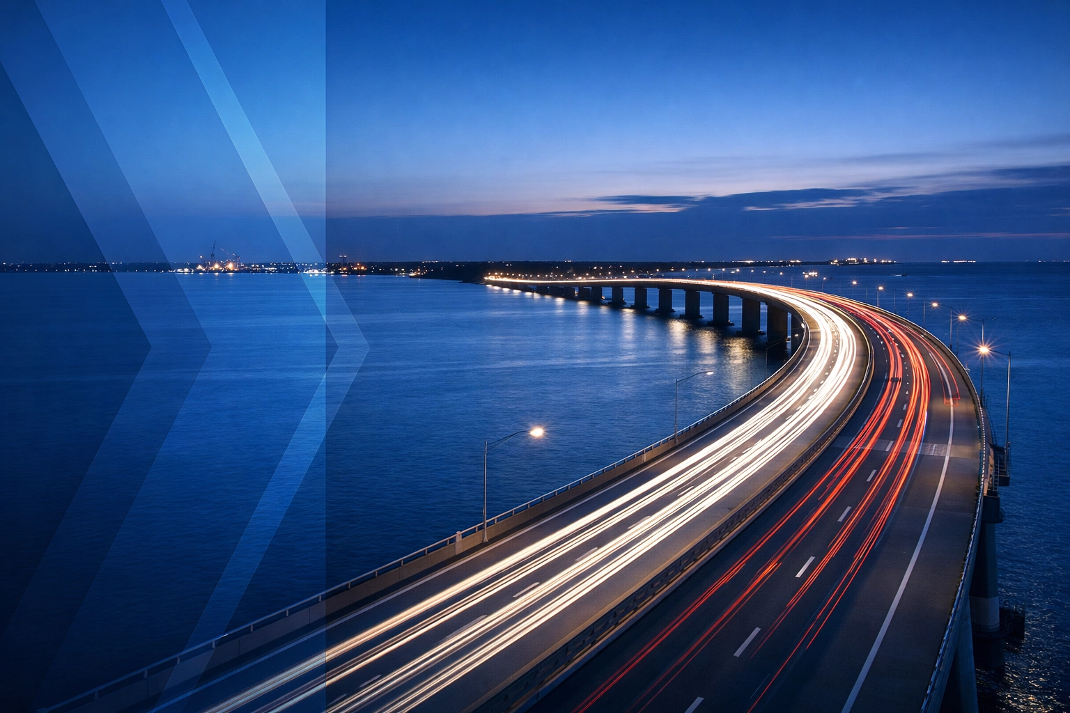 Hampton Roads bridge at night with car light streaks, representing local DUI litigation experience.