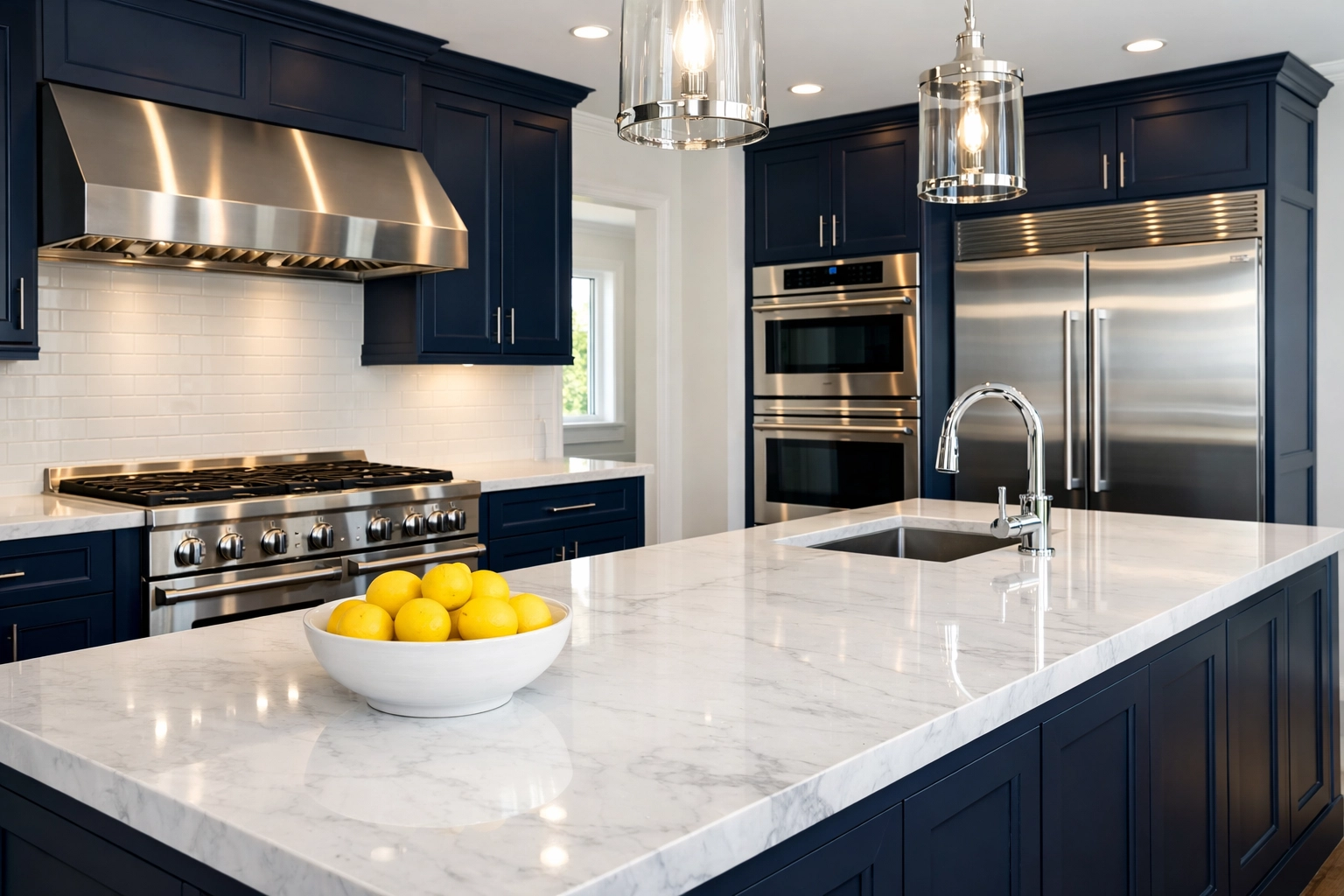 A deep cleaned luxury kitchen in Leominster MA with gleaming marble counters and stainless appliances.