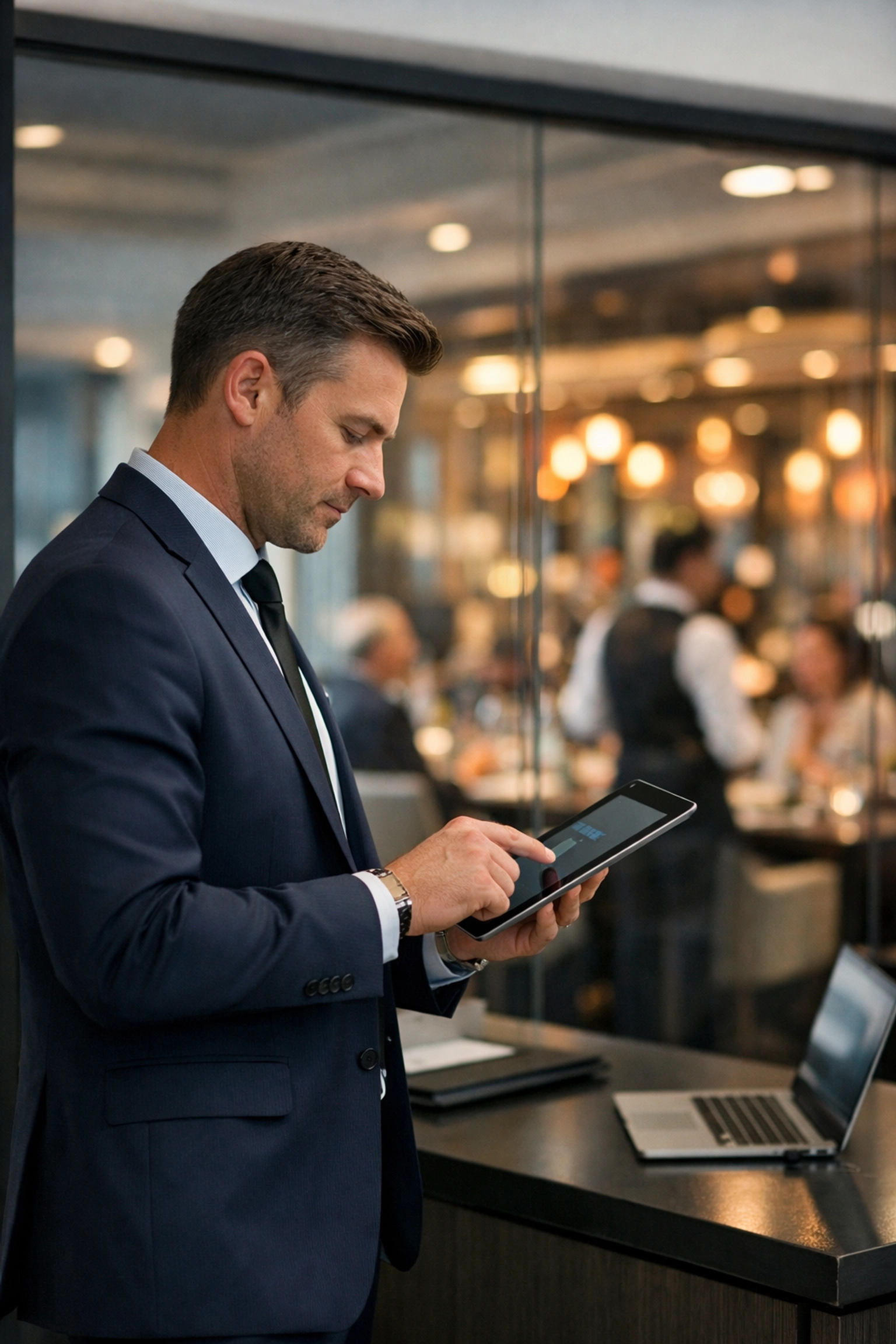 Restaurant manager managing liability and commercial insurance policies on a digital tablet.
