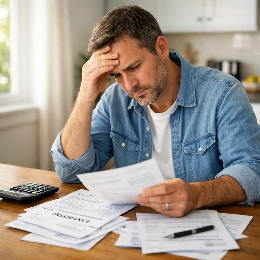 Cleveland homeowner reviewing insurance bills and calculating costs at kitchen table