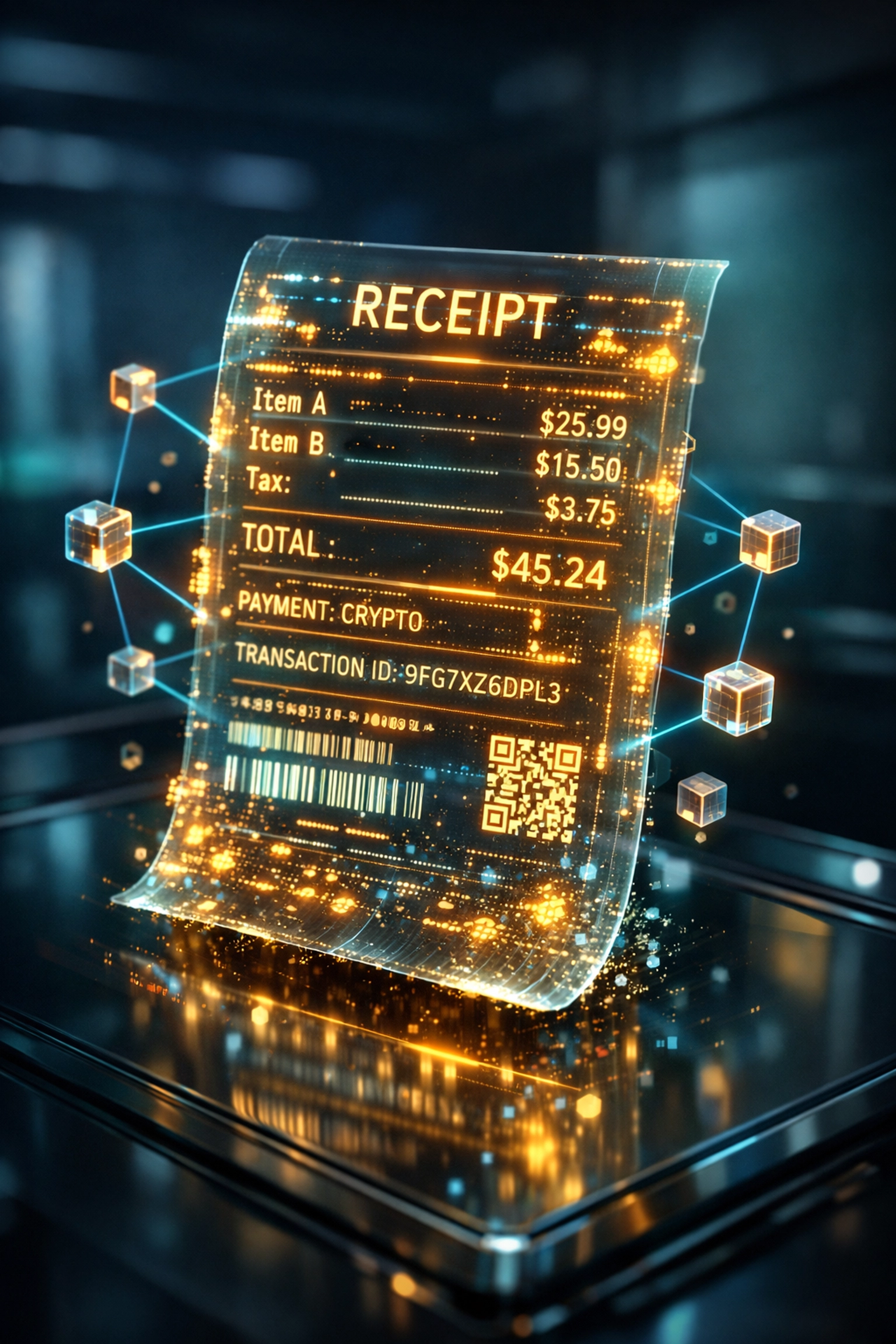 Futuristic NFT receipt hologram for transparent blockchain accounting in metaverse commerce