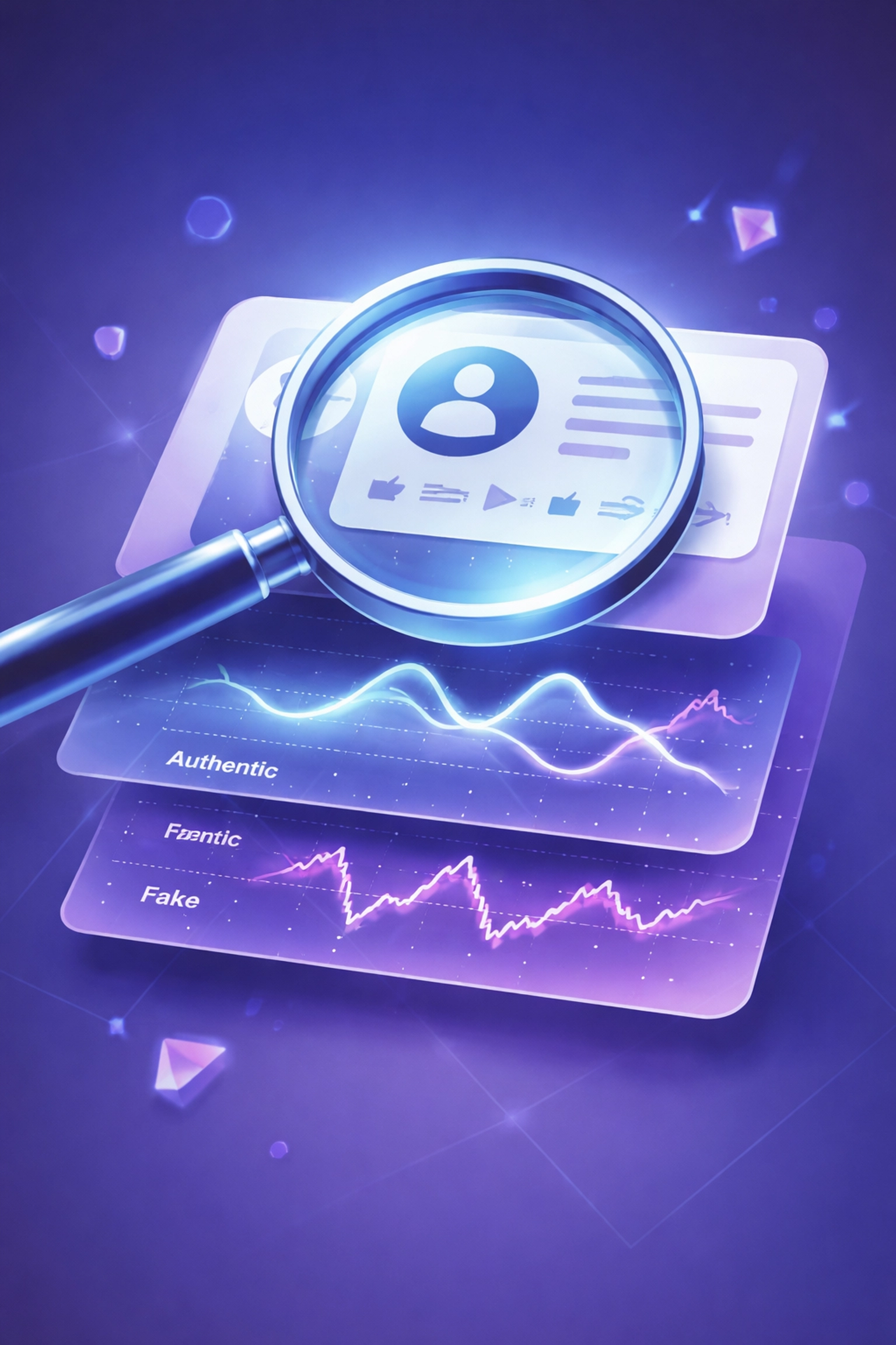 Magnifying glass analyzing social media profile, highlighting engagement quality and influencer authenticity