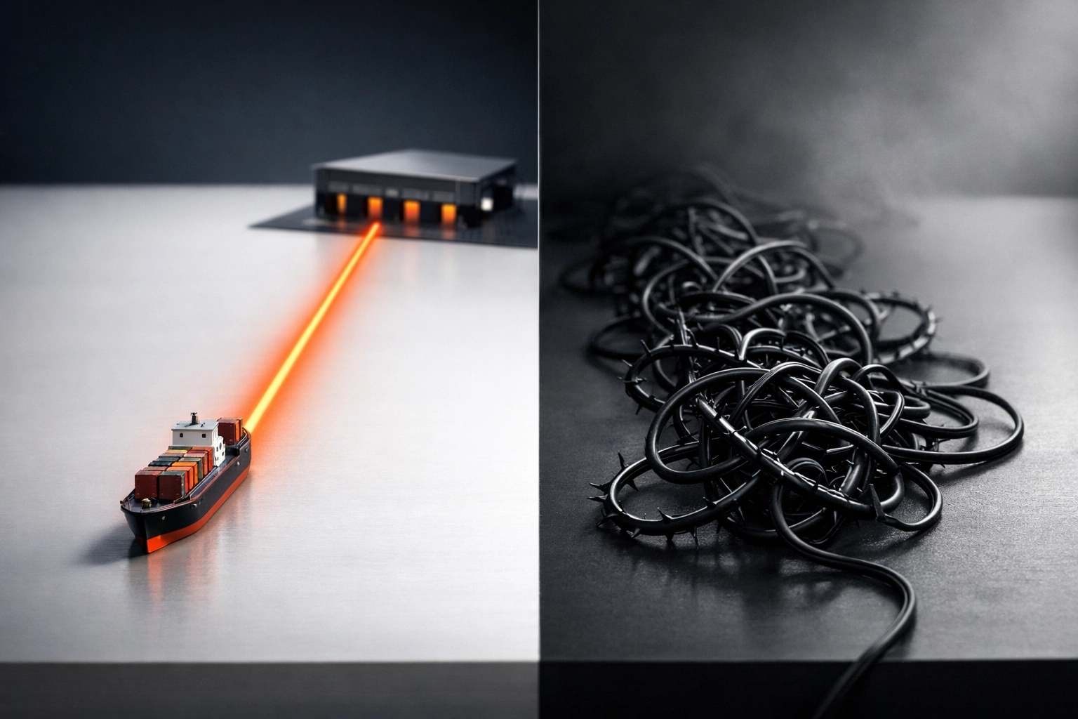 Comparison of a simple Port to Door freight path versus a tangled path representing hidden fees and lowball bids.