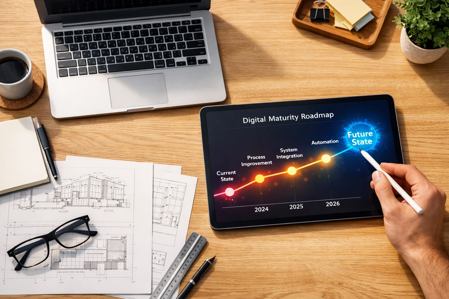 Strategic ServiceNow roadmap and ITAM project timeline displayed on a tablet in a professional workspace.