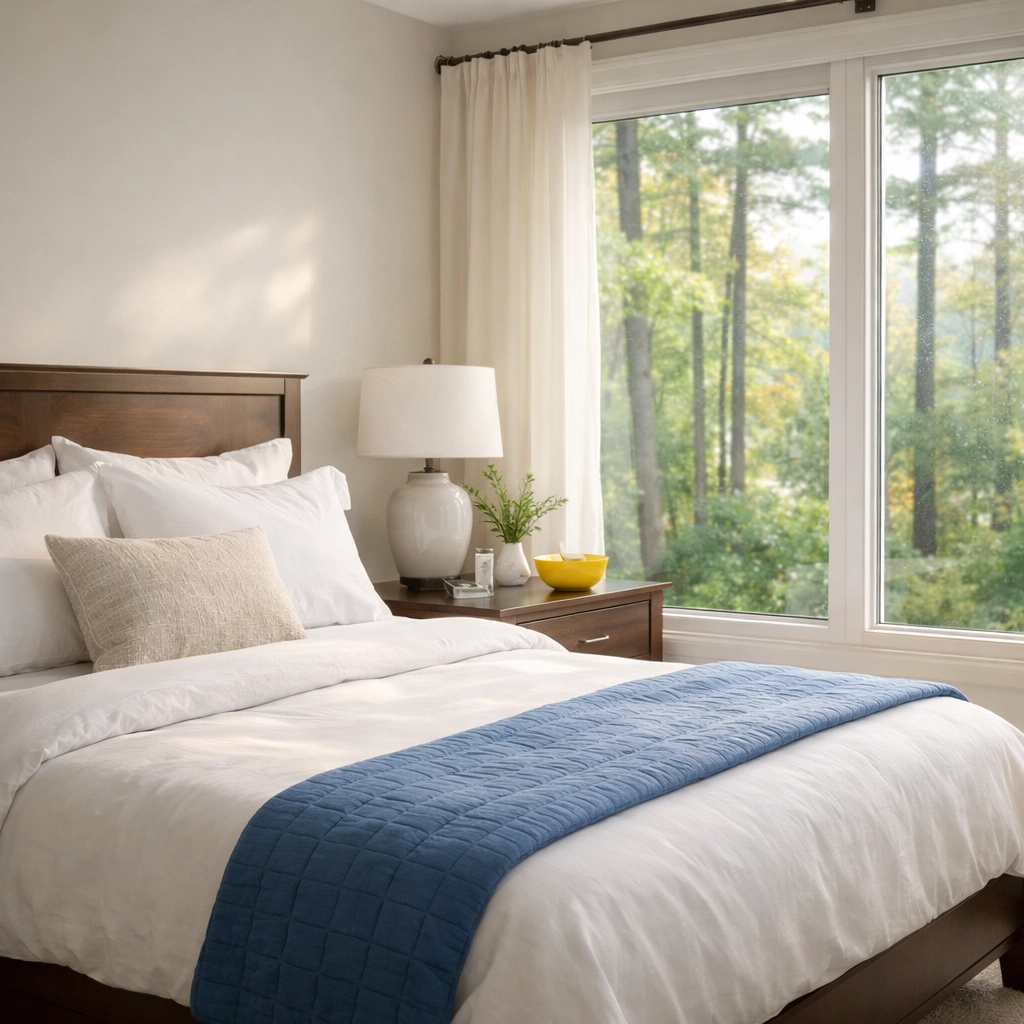 A clean, allergen-free primary bedroom in Lincoln, MA, maintained by regular house cleaning.