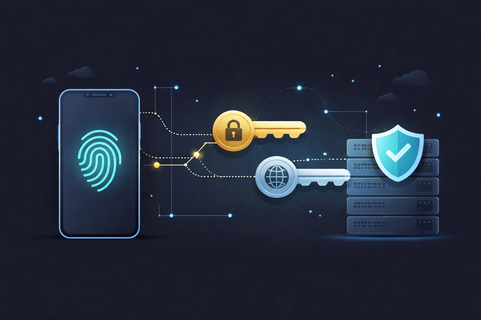 Illustration of passkey authentication with a smartphone fingerprint and digital keys, boosting small business IT security.