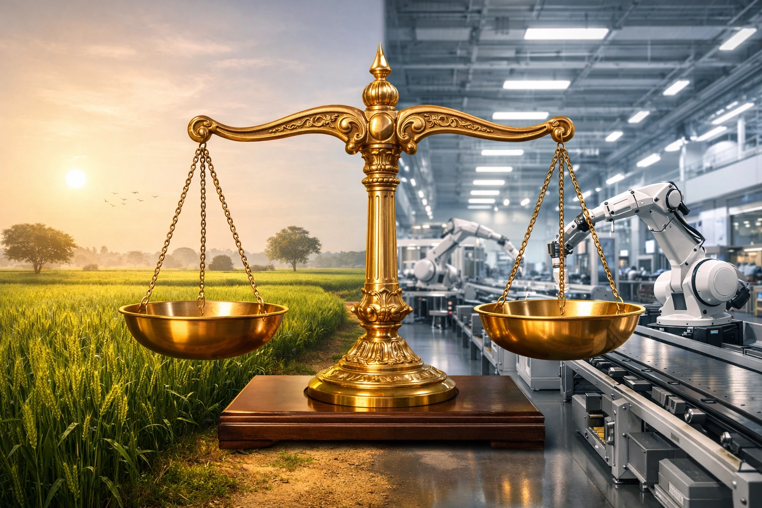 Golden scales balancing Indian agriculture and manufacturing during the RBI’s growth revision phase.