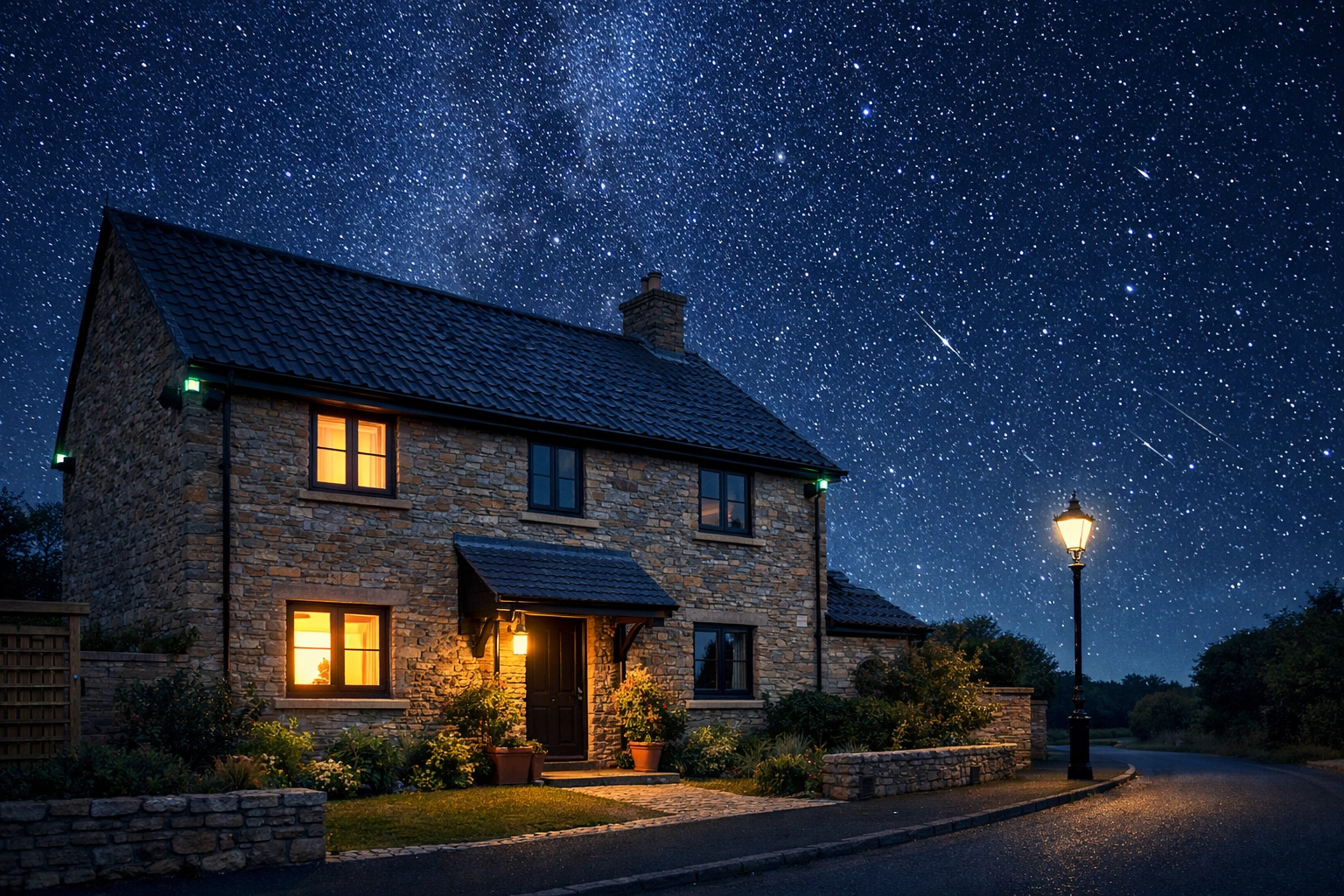 A detached Somerset home at night protected by professional outdoor CCTV security cameras.