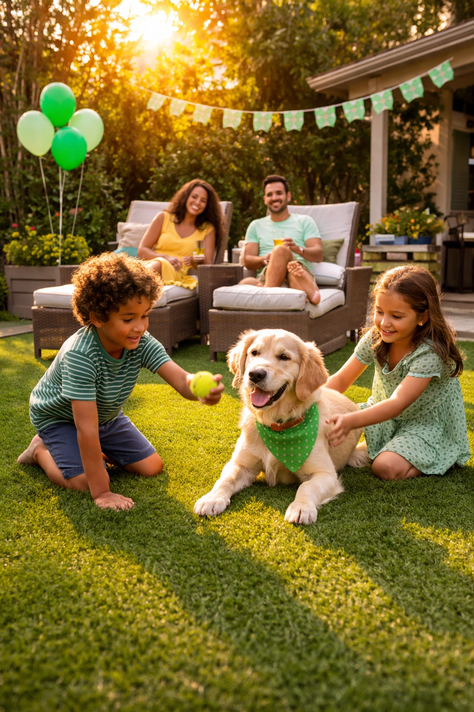 Family and dog enjoying a St. Patrick's Day backyard party on pristine artificial grass in California