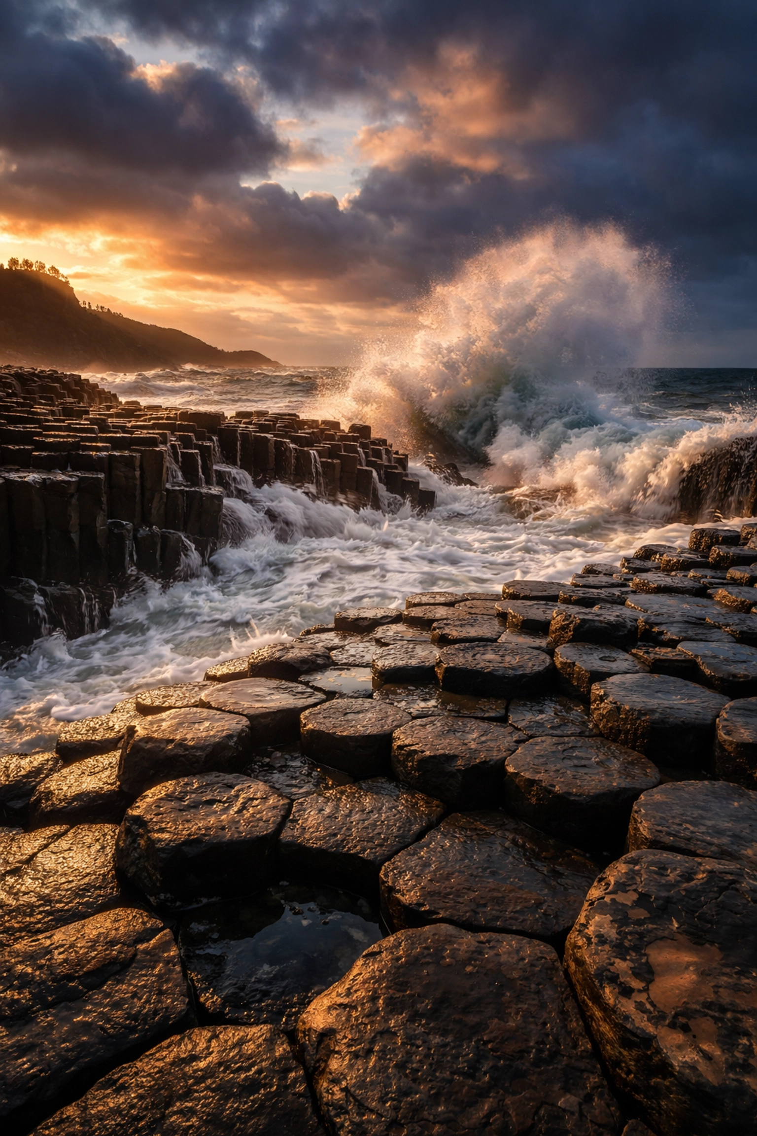 Golden hour view of Giant's Causeway basalt columns with crashing Atlantic waves, showcasing iconic Northern Ireland scenery for tours.