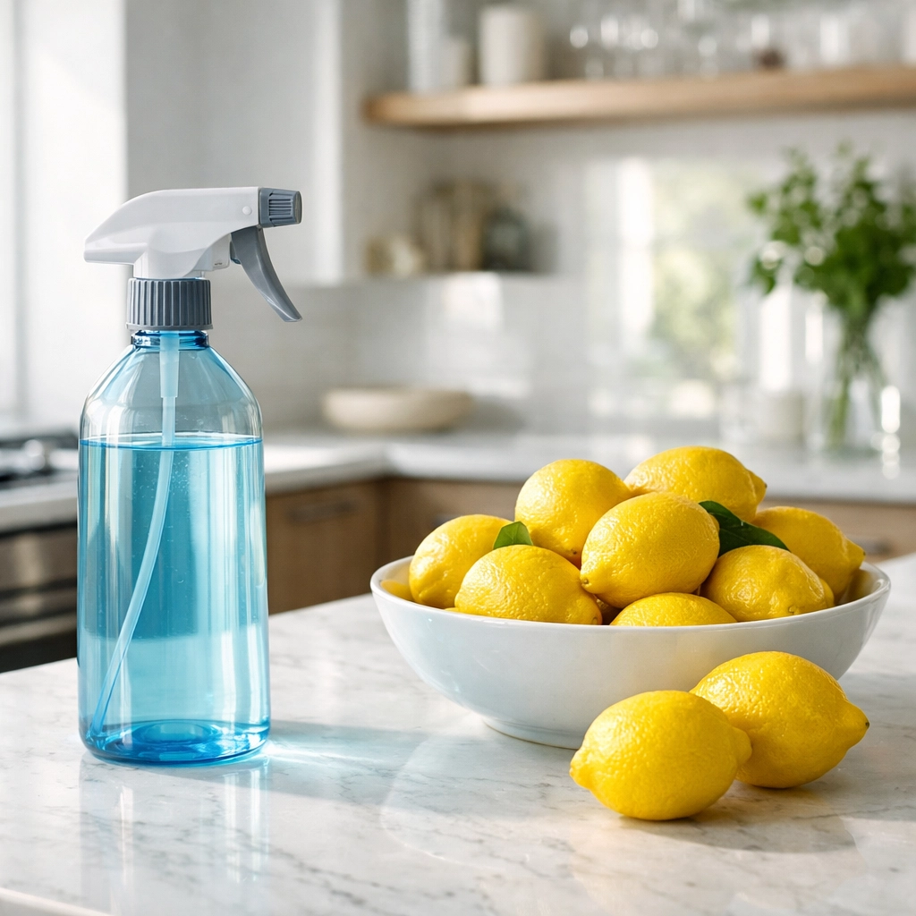 A pH-neutral spray bottle on a marble counter next to lemons to illustrate safe marble cleaning.