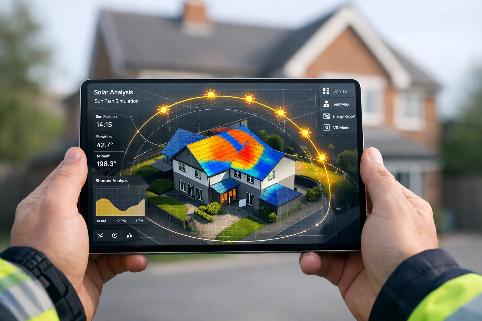 A professional solar surveyor using a digital tablet for precise shading analysis and system planning.