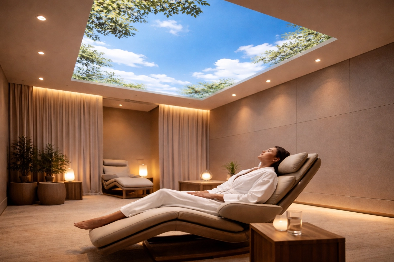 Digital SkyLites fitness center scene in a gym wellness room with immersive fitness recovery blue-sky ceiling visuals