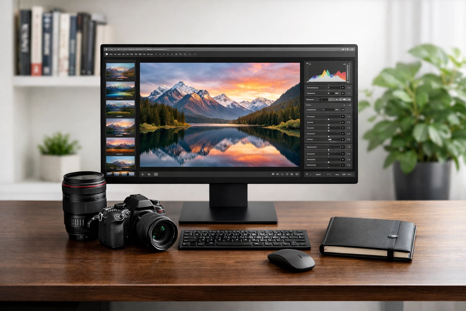 A clean professional photography workspace showing a streamlined workflow and editing setup.