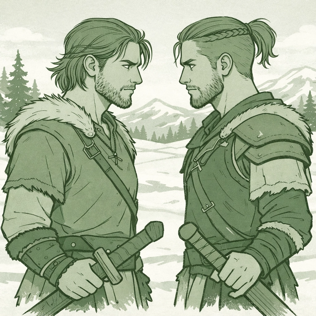 Viking step-brothers training with wooden swords in snowy Norway - MM romance warrior bond illustration