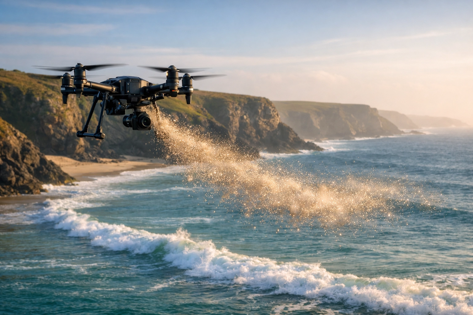 A drone scattering ashes over the sea at Porthcothan Bay, Cornwall during a peaceful memorial ceremony.