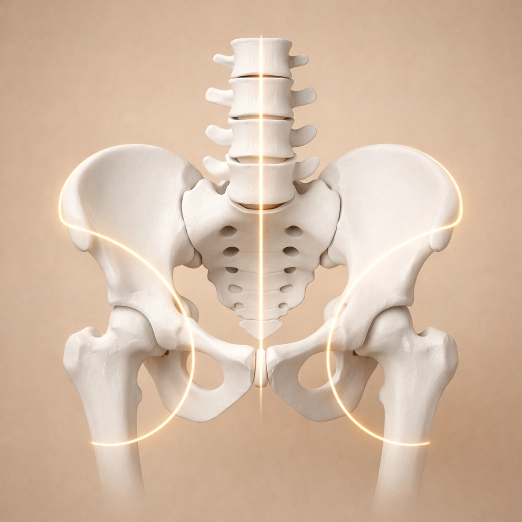 Anatomical view of a balanced pelvis and spine to help relieve sciatic nerve pressure through proper body alignment.