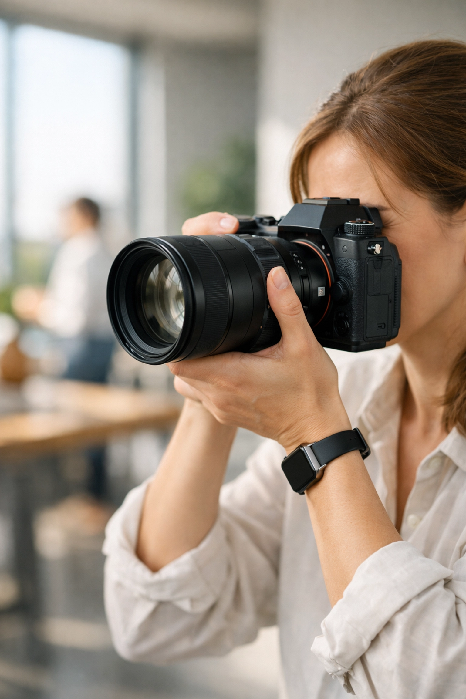 Professional photographer in a bright studio using a high-end camera to improve their photography booking experience.