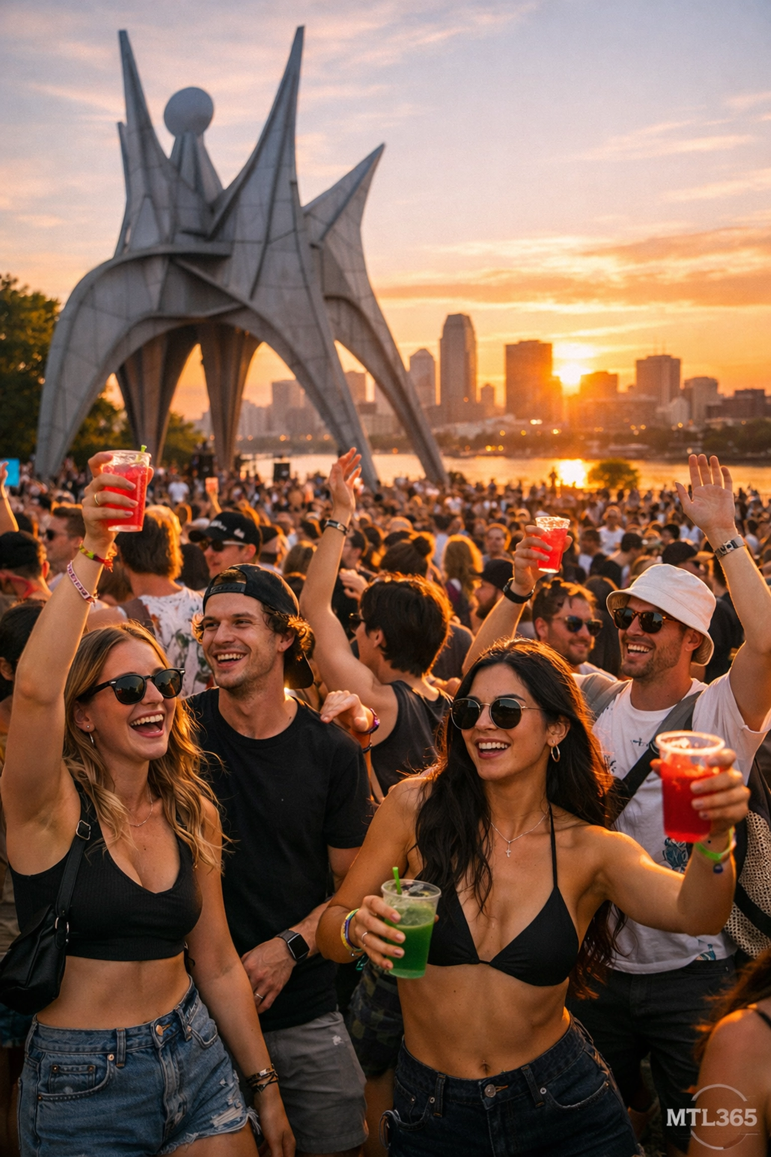 Young adults dancing at Piknic Électronik festival in Montreal under the golden hour sunset.