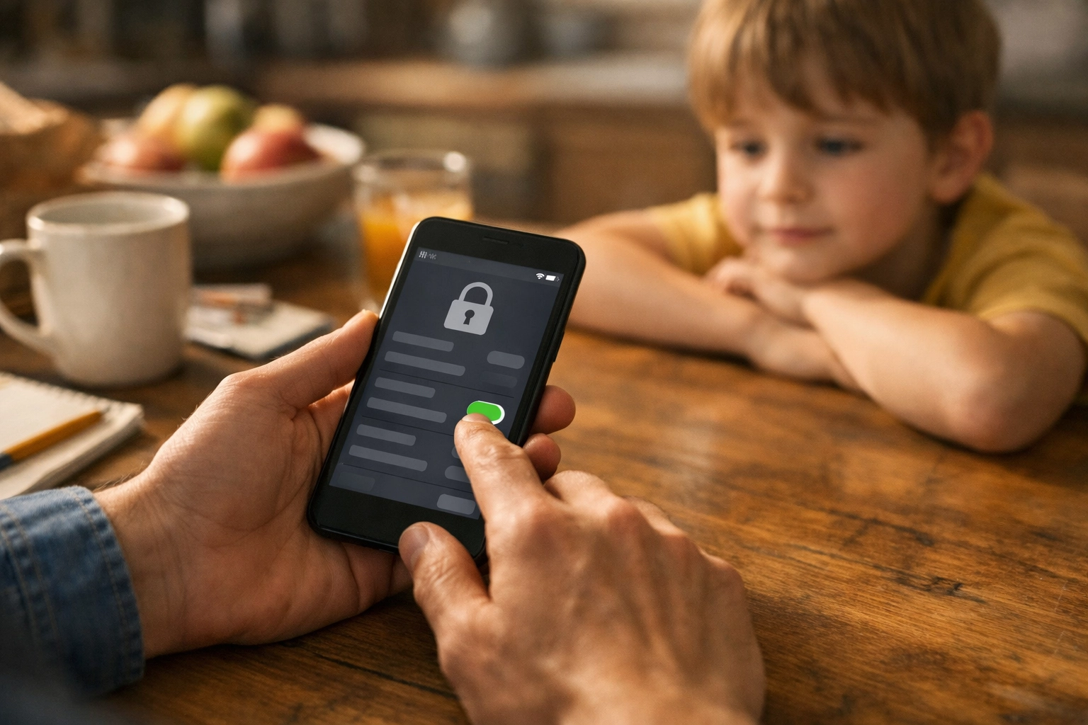 Parent setting up parental controls on a smartphone while child watches