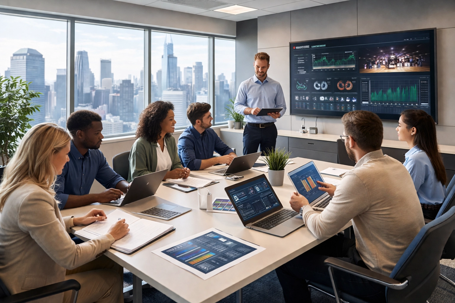 Sports marketing agency team reviewing athlete analytics and brand strategy in a modern conference room