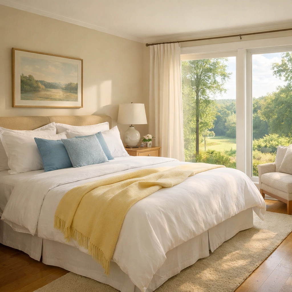 Clean and tranquil master bedroom in Carlisle with fresh white linens and a scenic nature view.