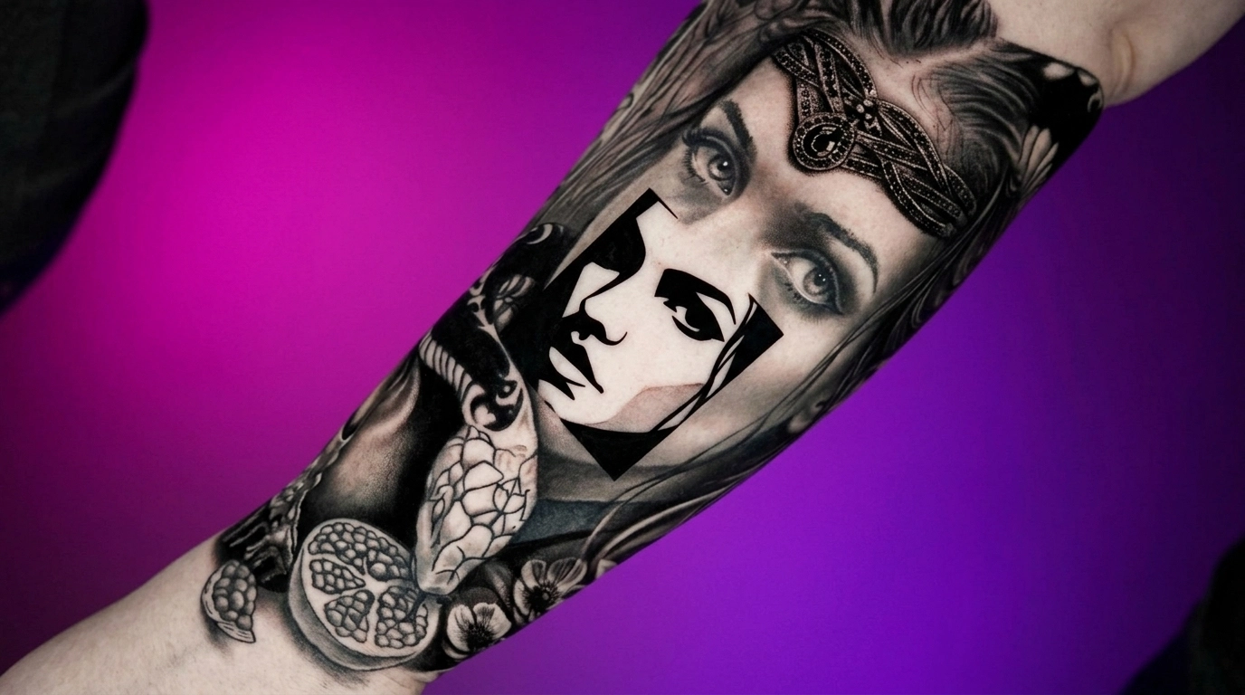 Graphic illustration representing the interplay of light and shadow on a human face profile