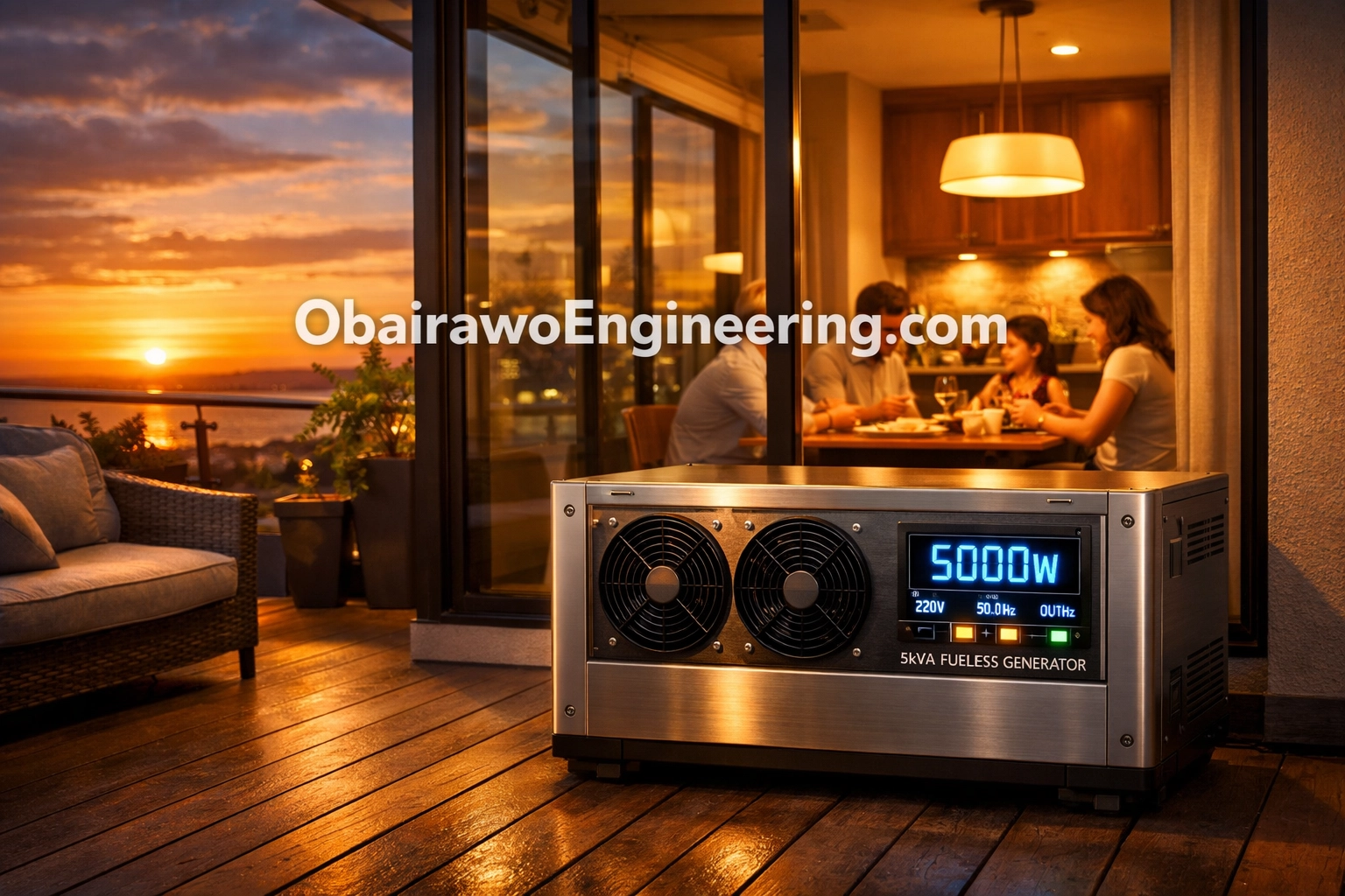 Quiet 5kVA fuelless generator on a balcony powering a bright family home with sustainable energy technology.