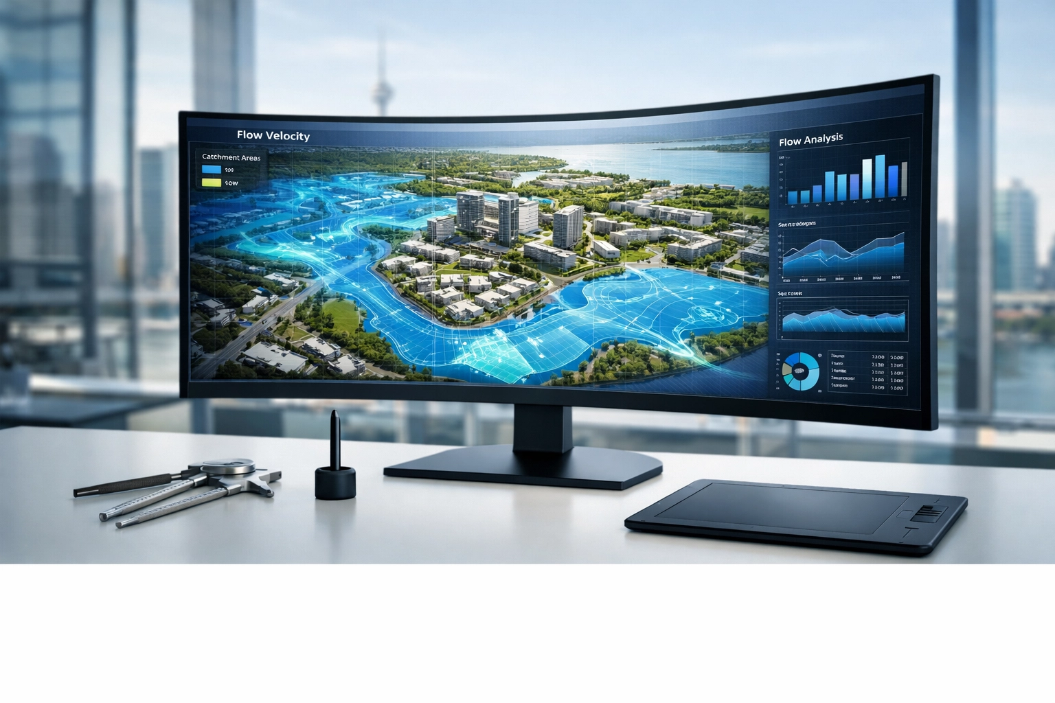Engineering monitor showing technical modeling of a stormwater management report for a GTA development site.