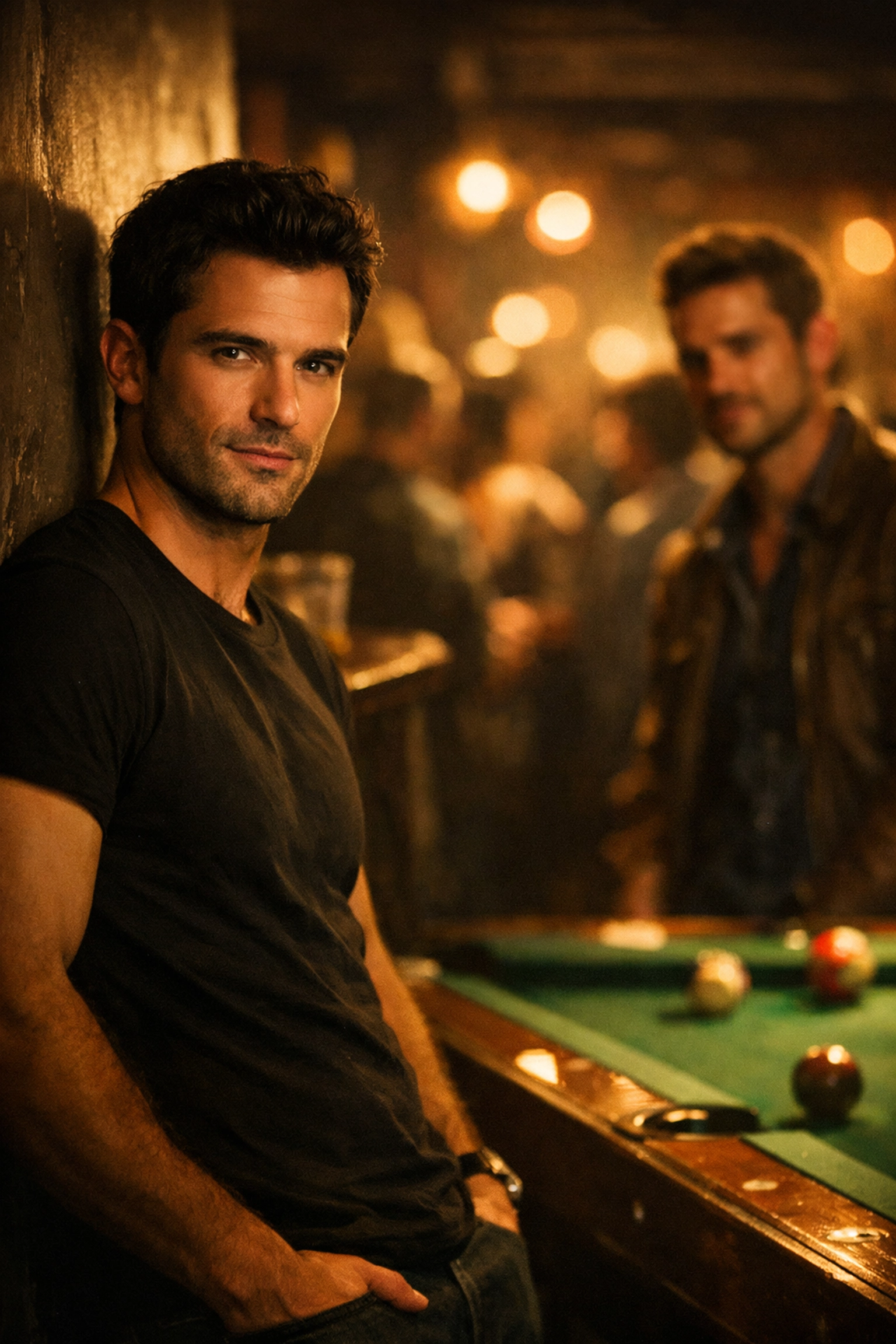 Two men sharing a meaningful first look in a gay cruising bar - MM romance encounter