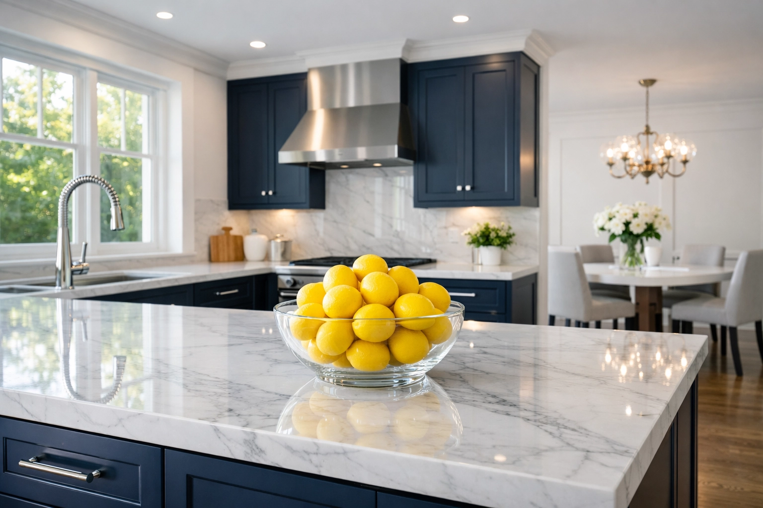 Professionally cleaned Shrewsbury kitchen with marble countertops and organized blue cabinets.