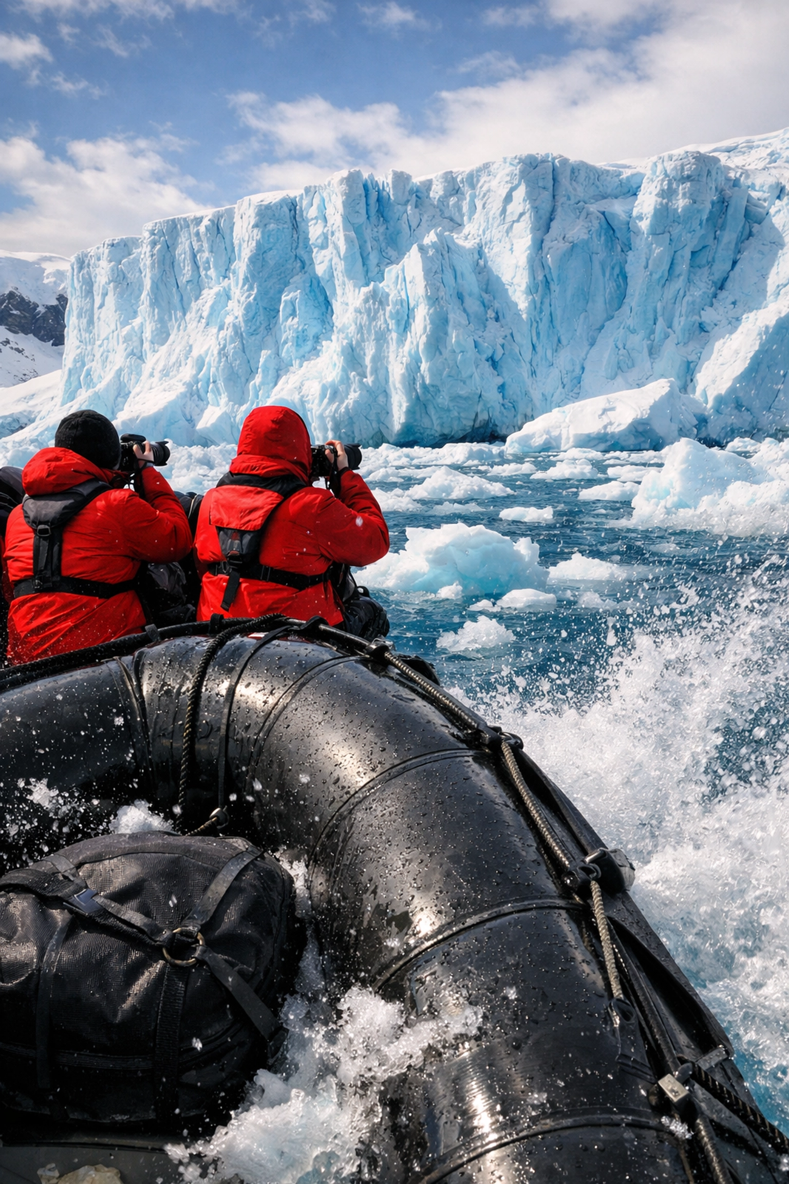 Zodiac boat expedition navigating through Antarctic ice formations with passengers in red parkas
