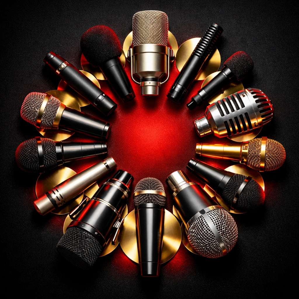 Diverse professional microphones representing variety in voice casting talent