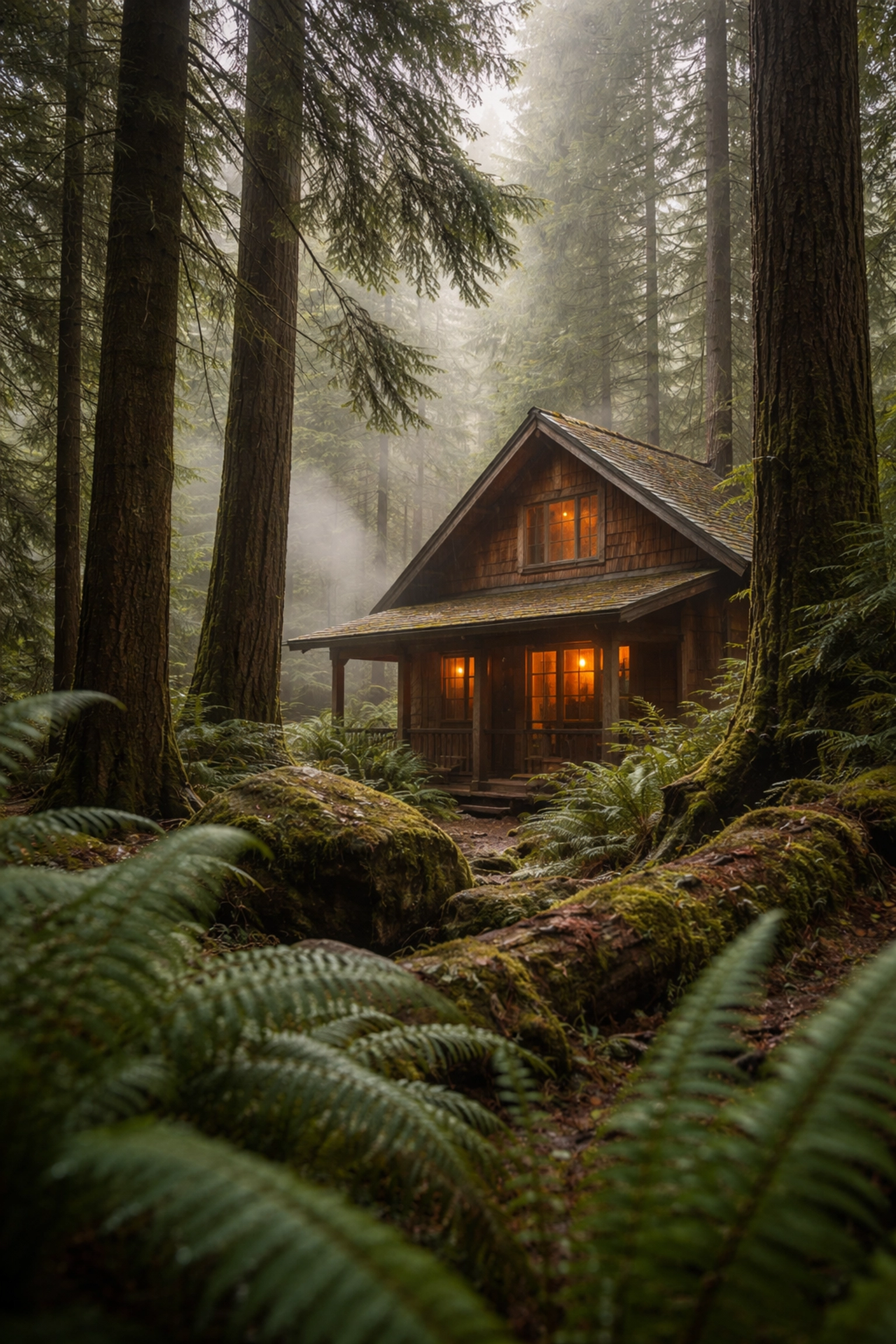 Pacific Northwest luxury forest cabin with moss, morning mist, and douglas firs exemplifies moisture-resistant home construction.