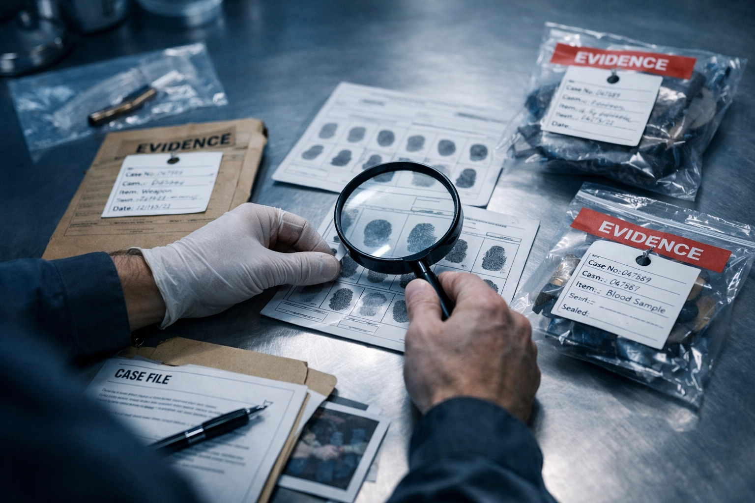 Criminal defense investigator examining evidence and case files in forensic laboratory