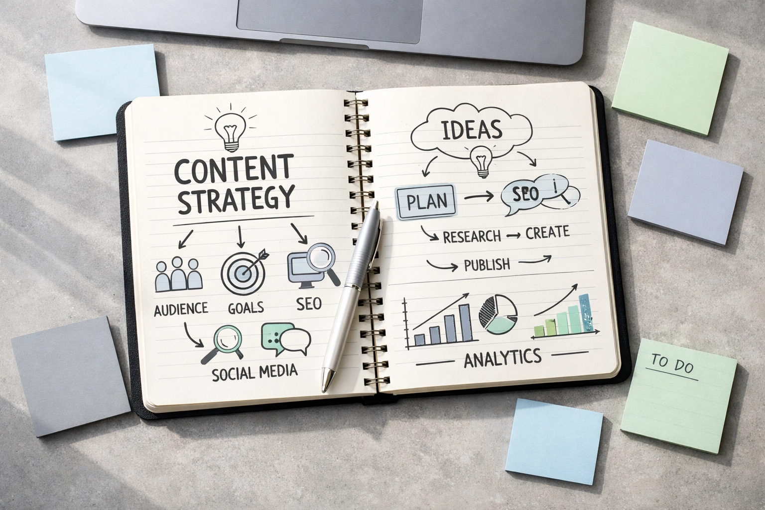 Content strategy planning workspace with notes for GEO optimization