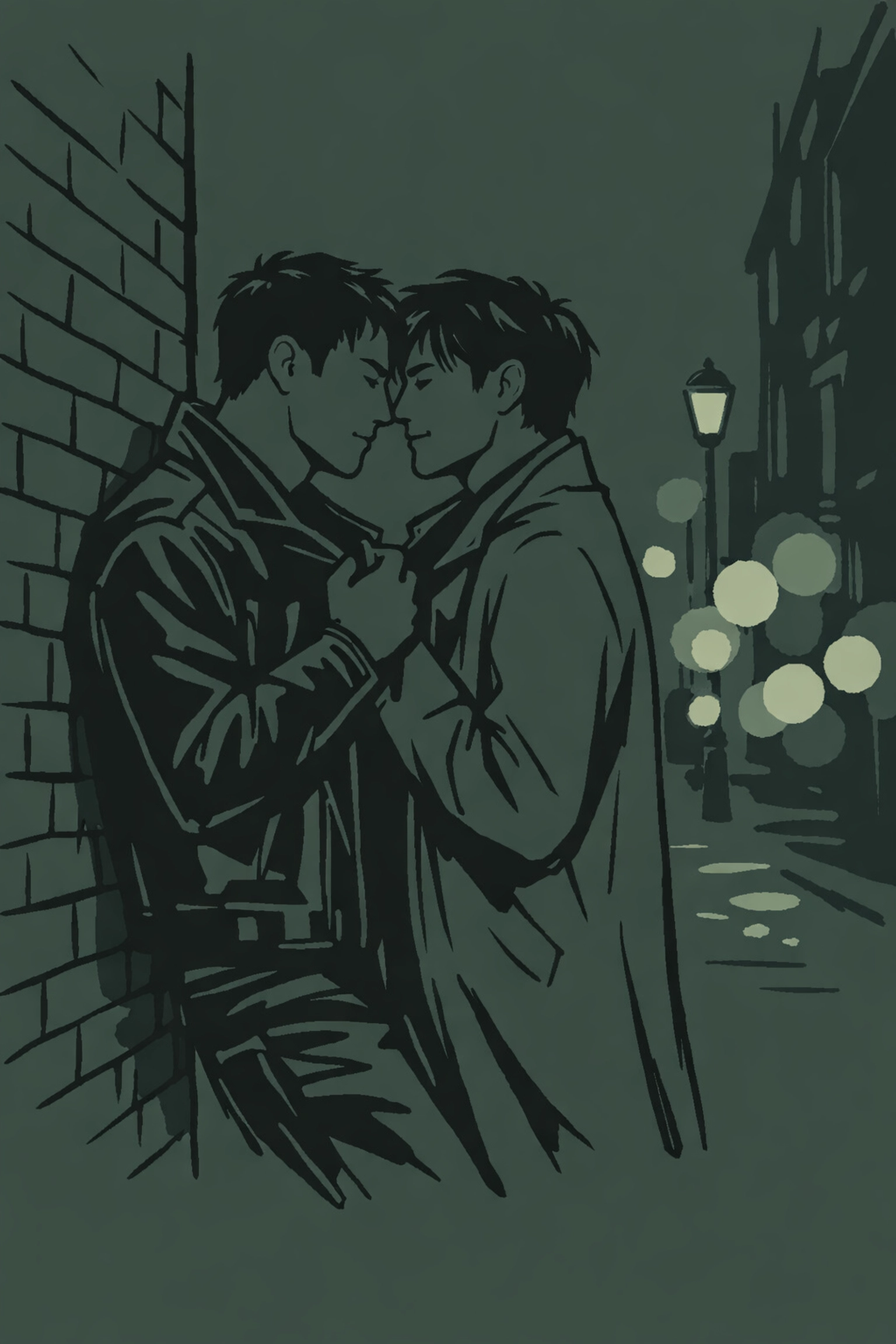 Romantic gay couple in a dark Soho alleyway, capturing the intensity of MM adventure romance novels.