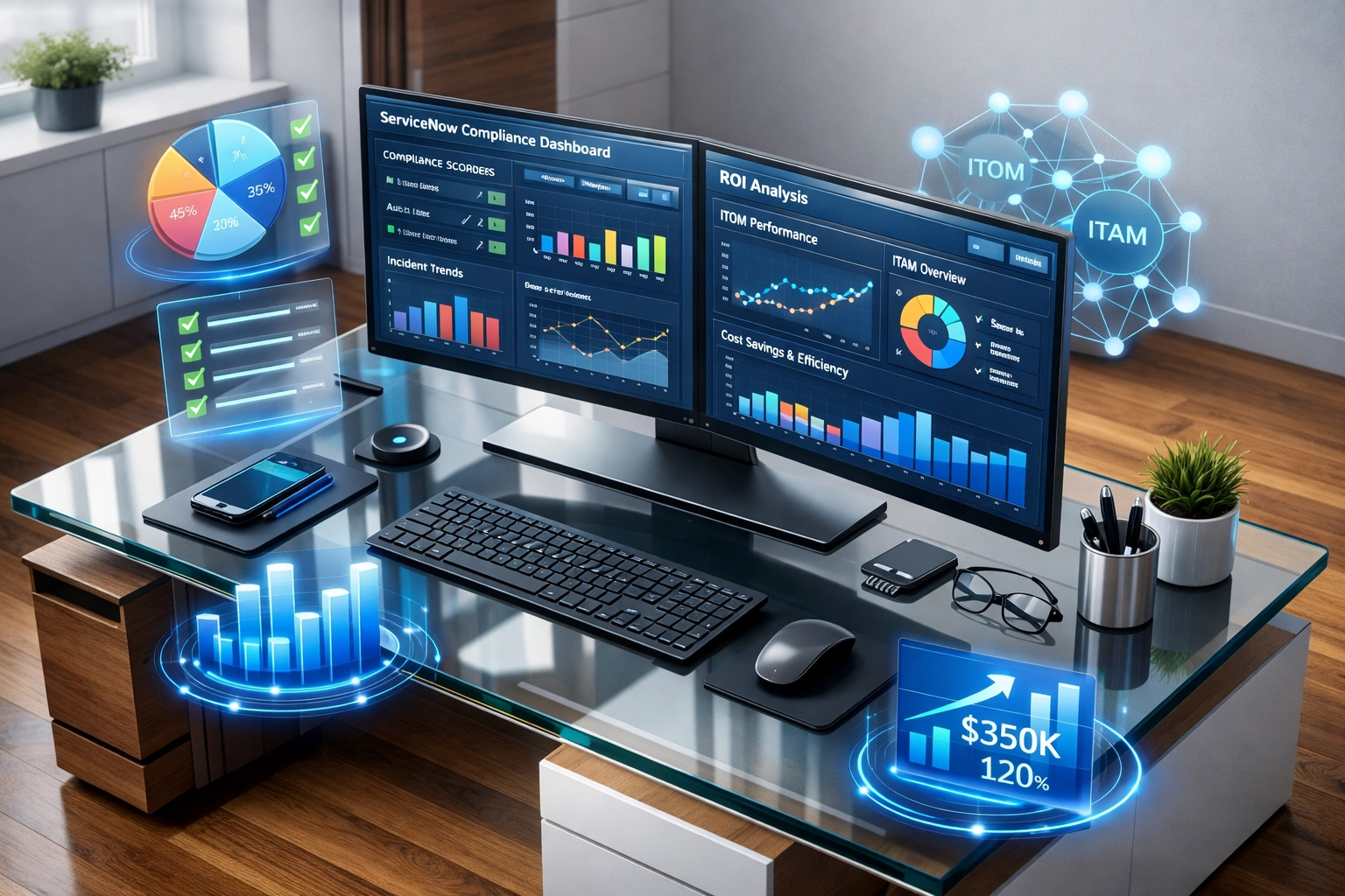 ServiceNow audit workspace showing ITOM and ITAM analytics with compliance scorecards