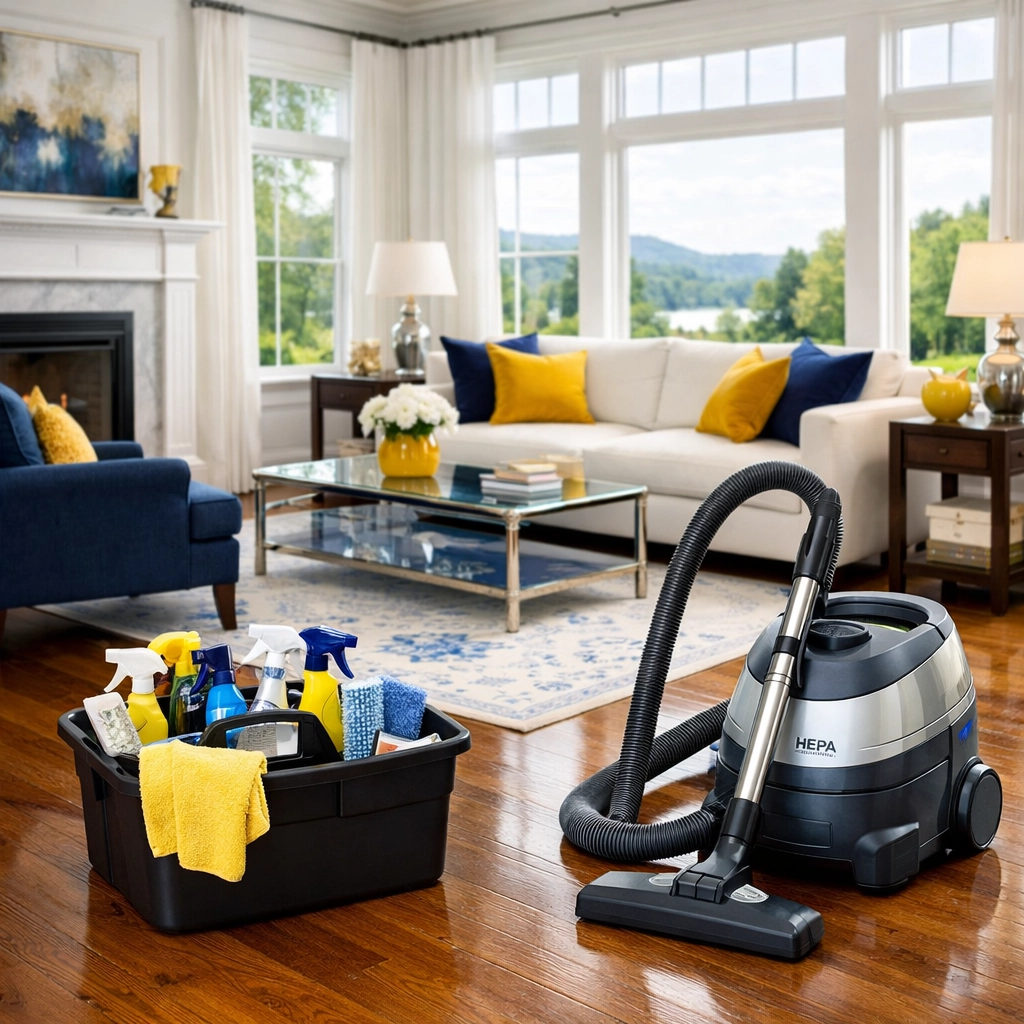 Professional house cleaning in Westford featuring a clean luxury living room and equipment.