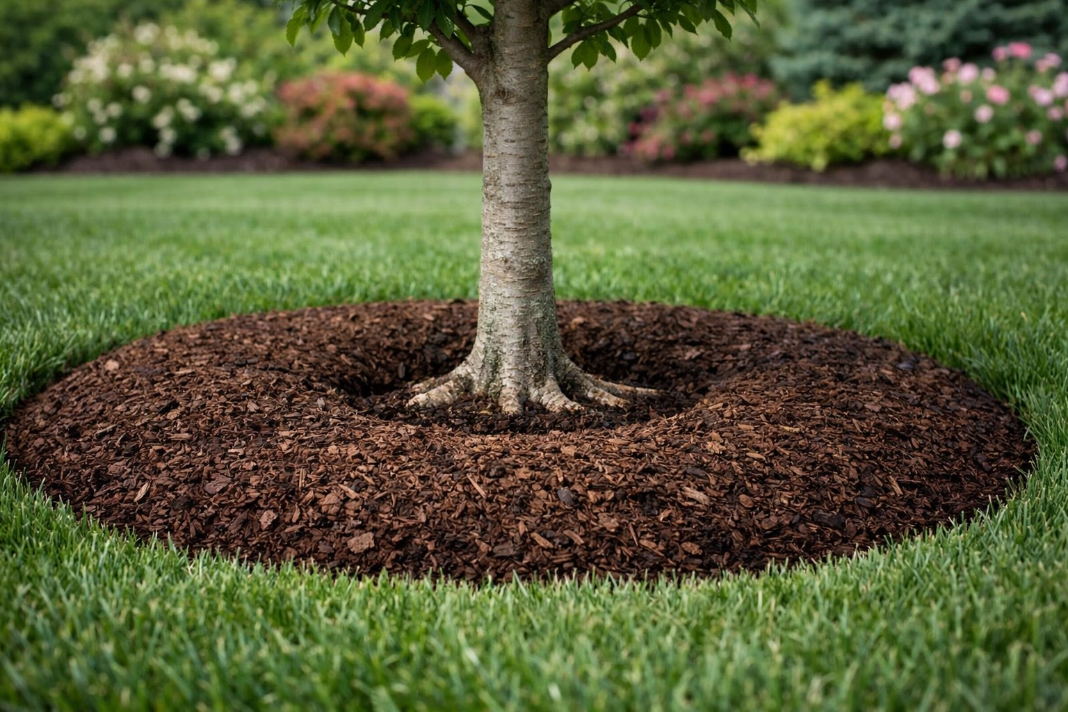 Professional donut-style mulch installation around a healthy tree to prevent rot and boost curb appeal.