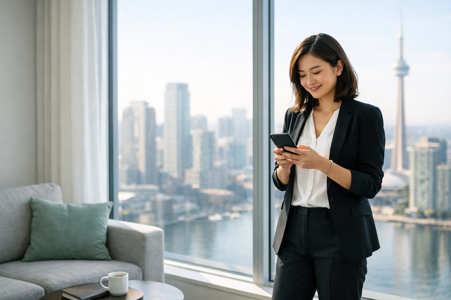 Relieved young adult in an urban apartment checking status for a payday loan online Alberta.