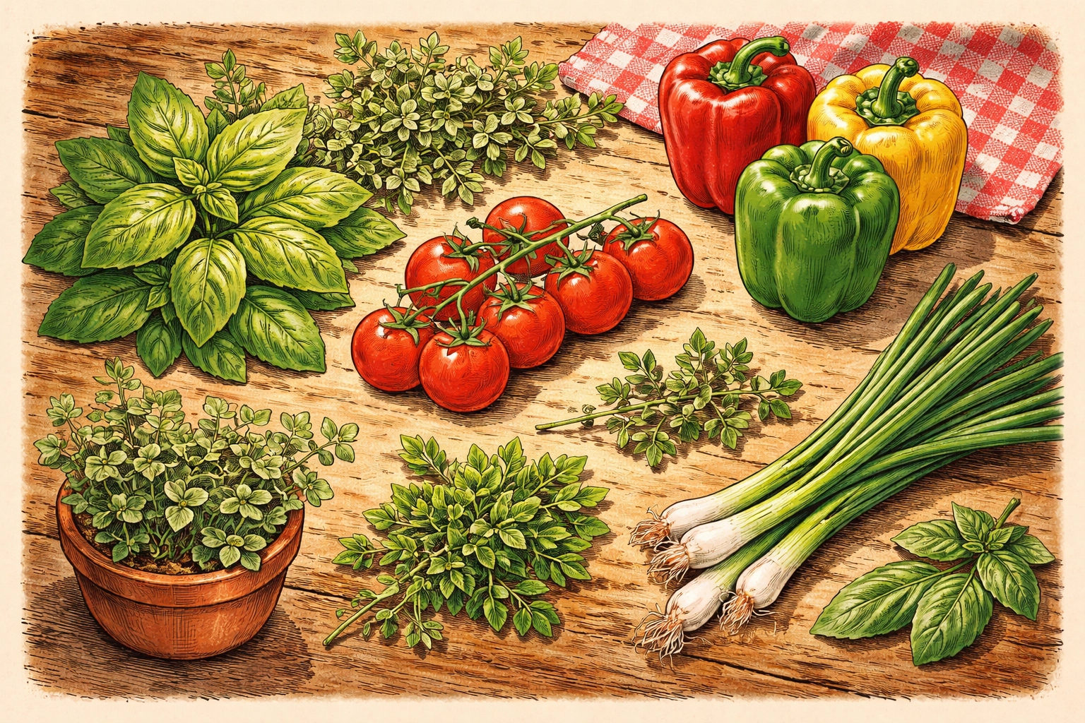 Overhead view of fresh pizza garden ingredients like basil, oregano, tomatoes, and peppers on a rustic table
