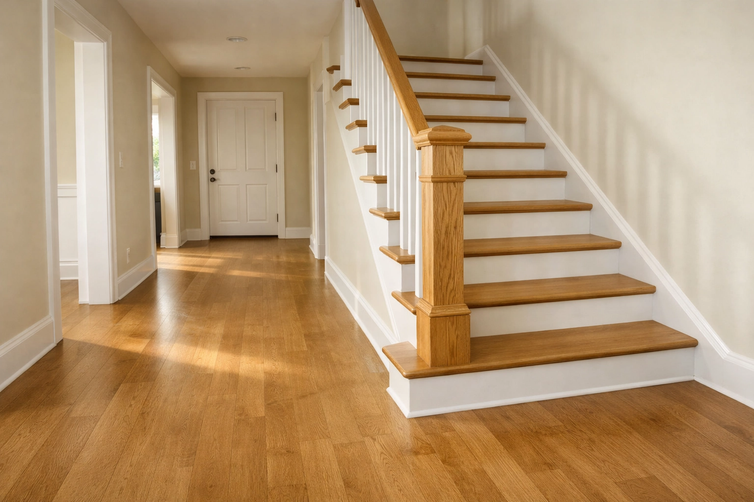 A clean and clutter-free wooden staircase landing to reduce tripping hazards in a safe home environment.