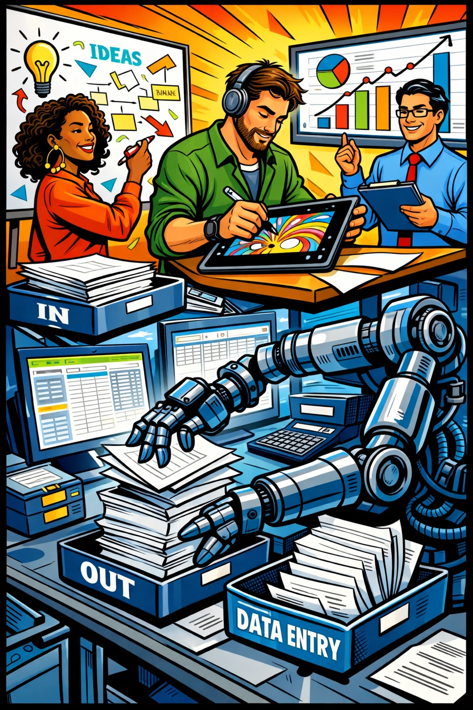 Team focuses on creative strategic work while business automation handles repetitive admin tasks