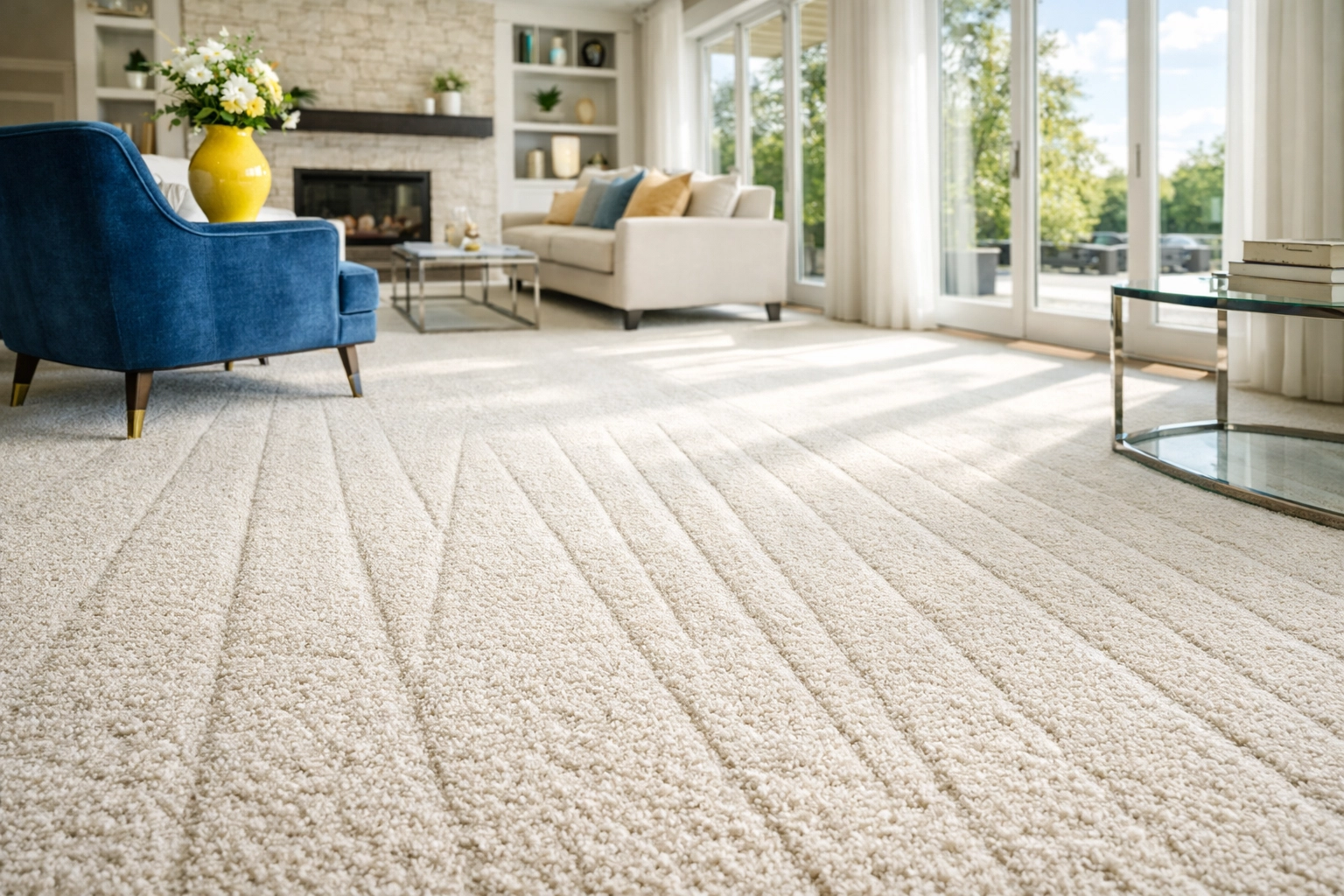 A clean, pristine living room carpet with professional vacuum lines in a bright, modern home.