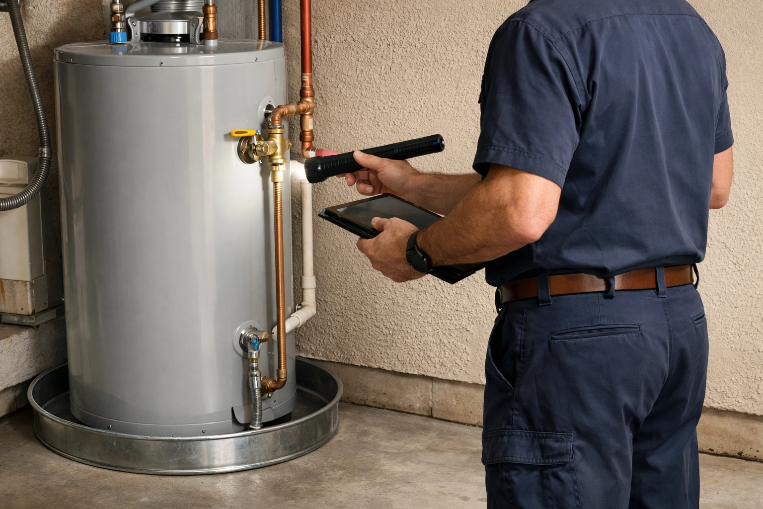 Expert water heater maintenance and plumbing inspection in a Mesa Arizona residential garage.
